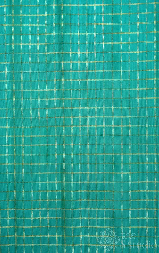 Bluish green kanchi silk blouse fabric with zari checks