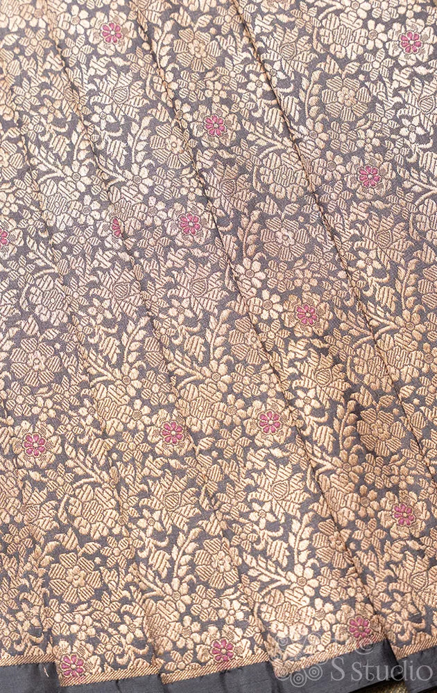 Grey banarasi katan silk blouse material with floral brocade weave