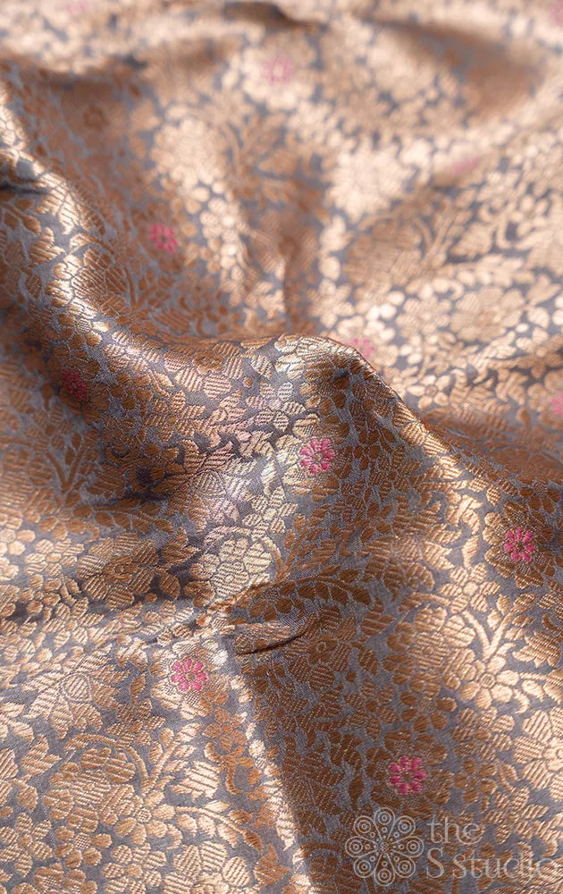 Grey banarasi katan silk blouse material with floral brocade weave