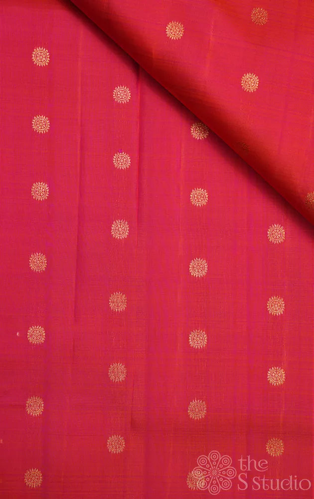 Peach kanchi silk blouse fabric with zari buttas