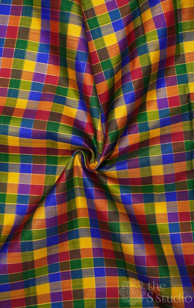 Multicolour kanchi silk blouse fabric with zari checks