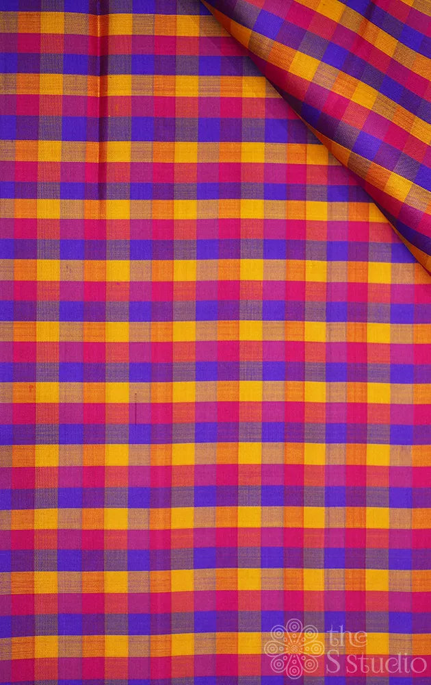 Multi colour small checked kanchi silk material