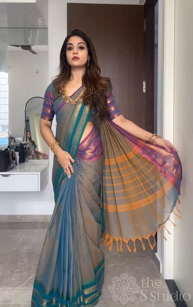 Grey Kanchi Cotton Saree with Ganga Jamuna and Zari Varisaipet Border