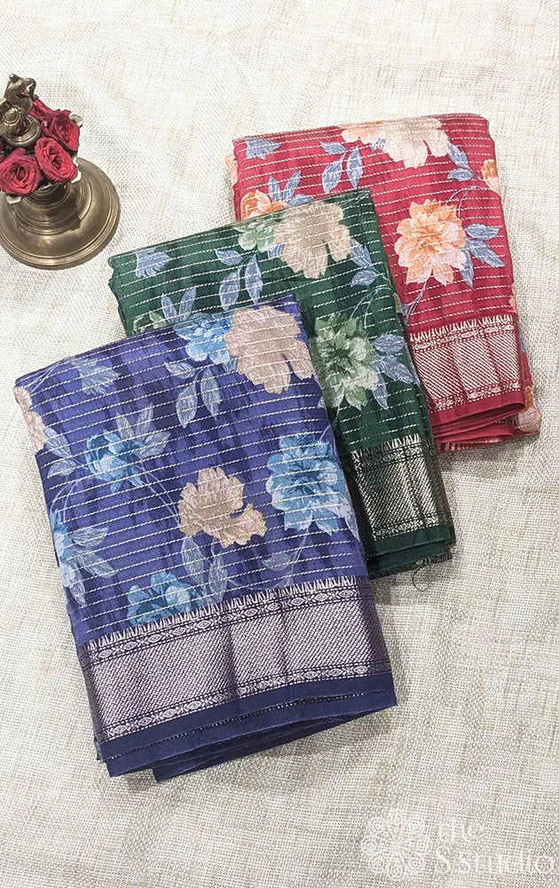 Semi silk saree with threadlines and floral prints - Pack of 3