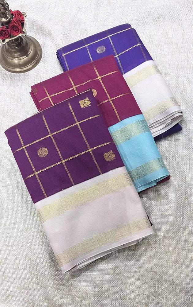 Semi silk saree with checks and rettaipet border - Pack of 3