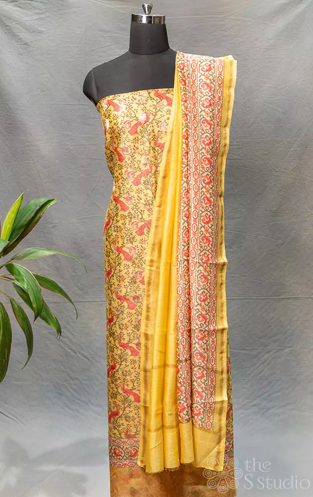 Yellow peacock print maheshwari silk cotton salwar suit