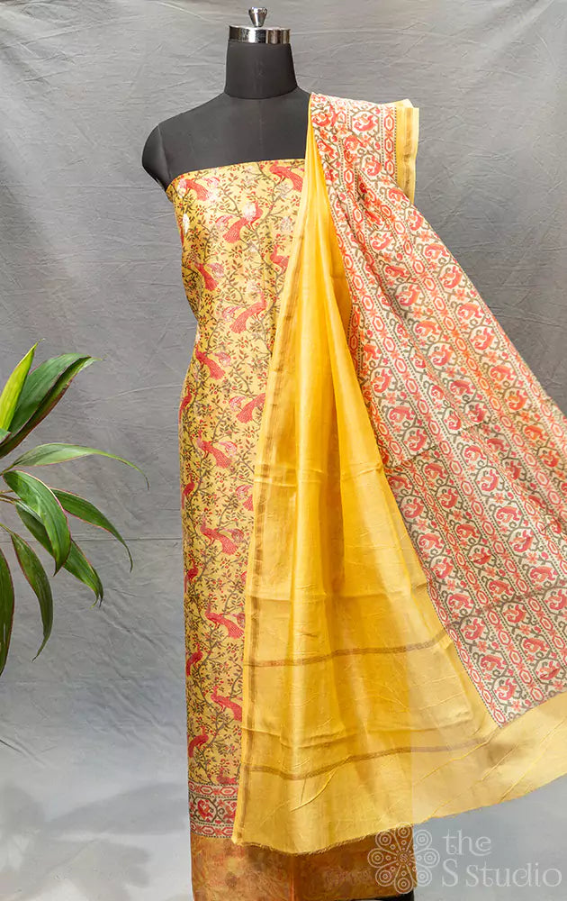 Yellow peacock print maheshwari silk cotton salwar suit