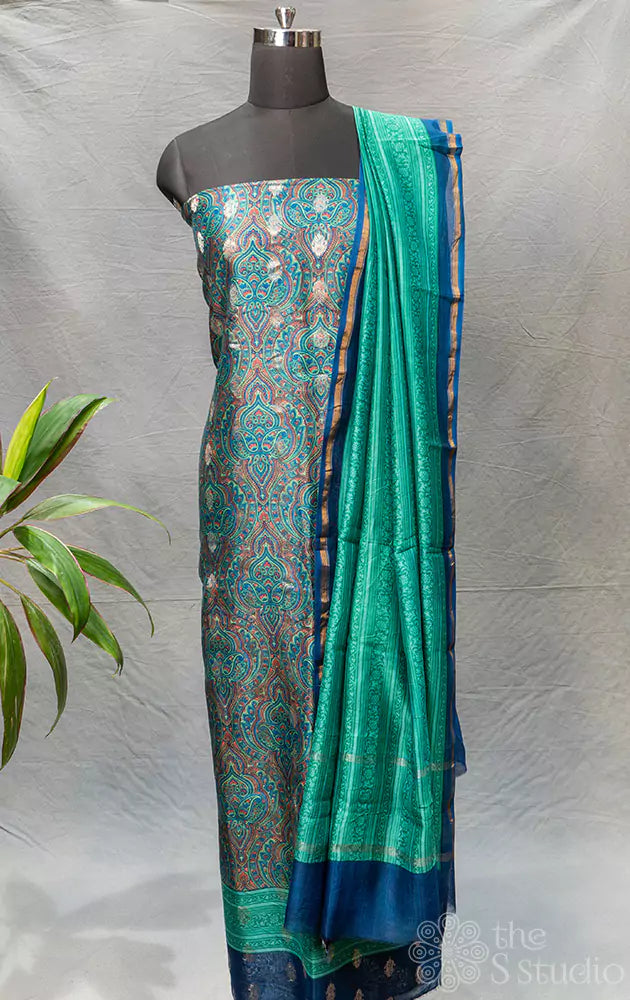 Blue and green maheshwari silk cotton salwar suit 