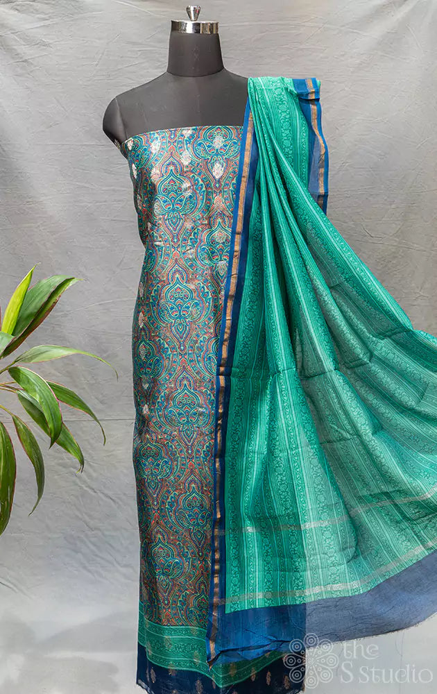 Blue and green maheshwari silk cotton salwar suit