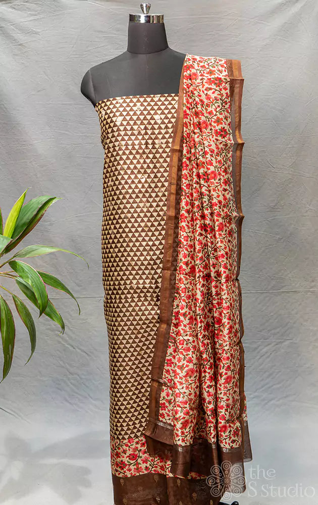 Brown maheshwari silk cotton salwar set with geometrical print