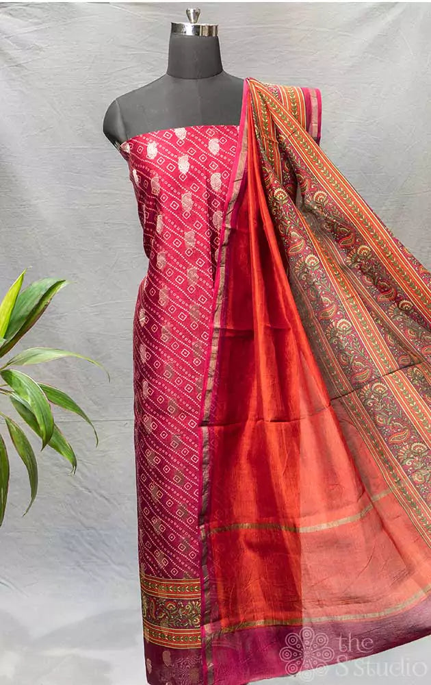 Maroon bandhani print maheshwari silk cotton salwar suit