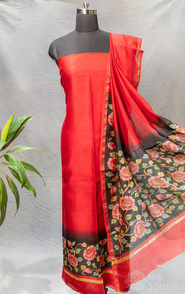 Red maheshwari silk cotton salwar set with floral print border