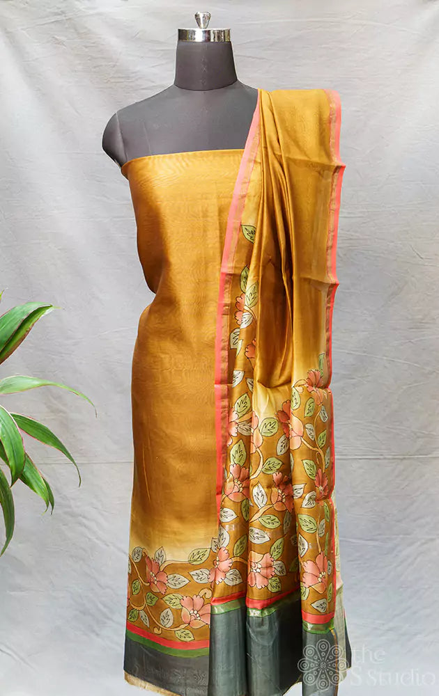 Brown maheshwari silk cotton salwar suit with floral print and grey border