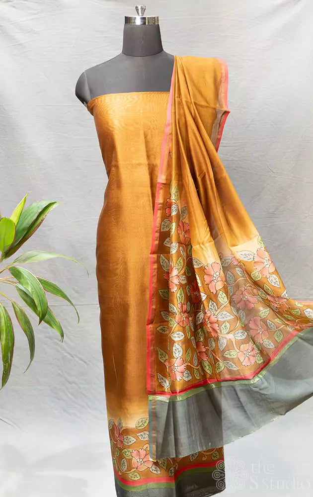Brown maheshwari silk cotton salwar suit with floral print and grey border