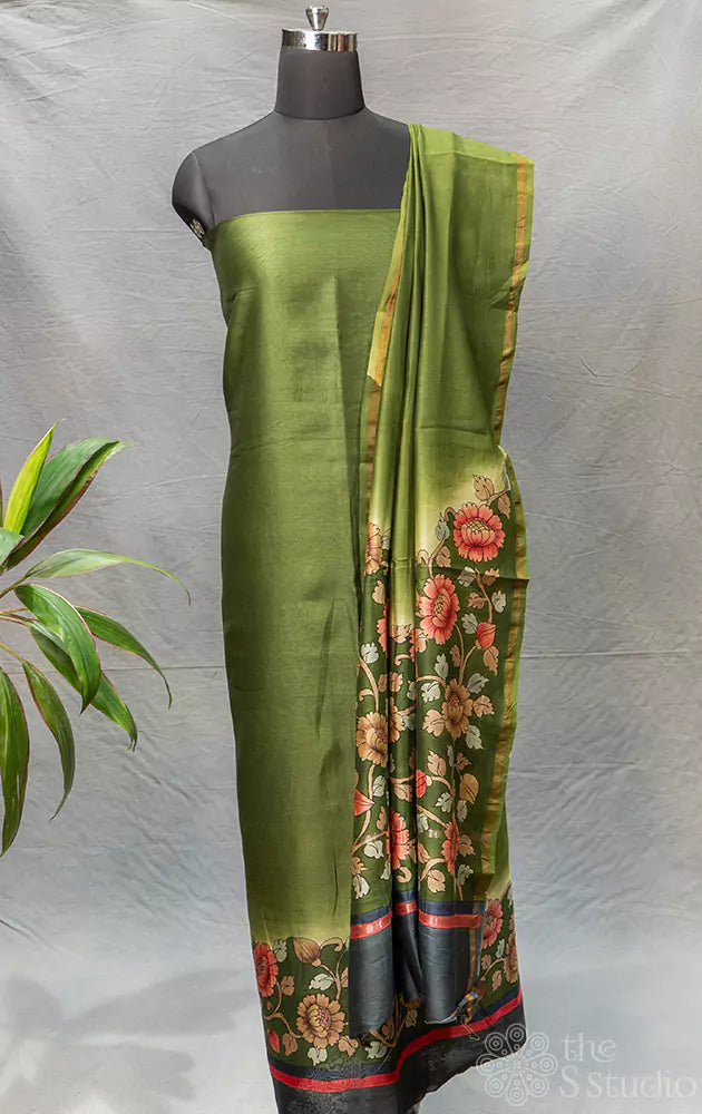 Green maheshwari silk cotton salwar set with floral print border 