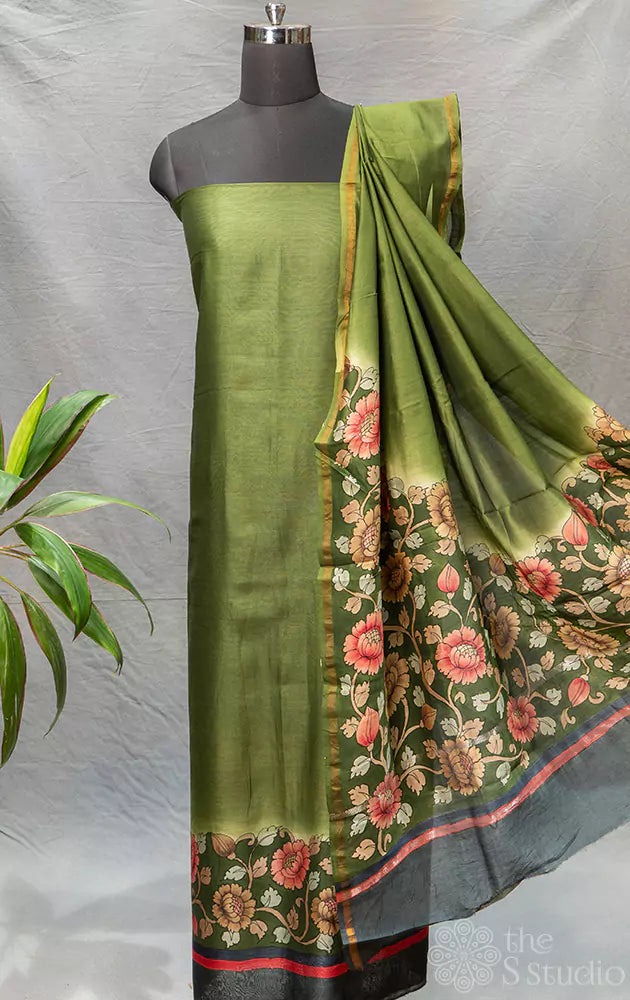 Green maheshwari silk cotton salwar set with floral print border