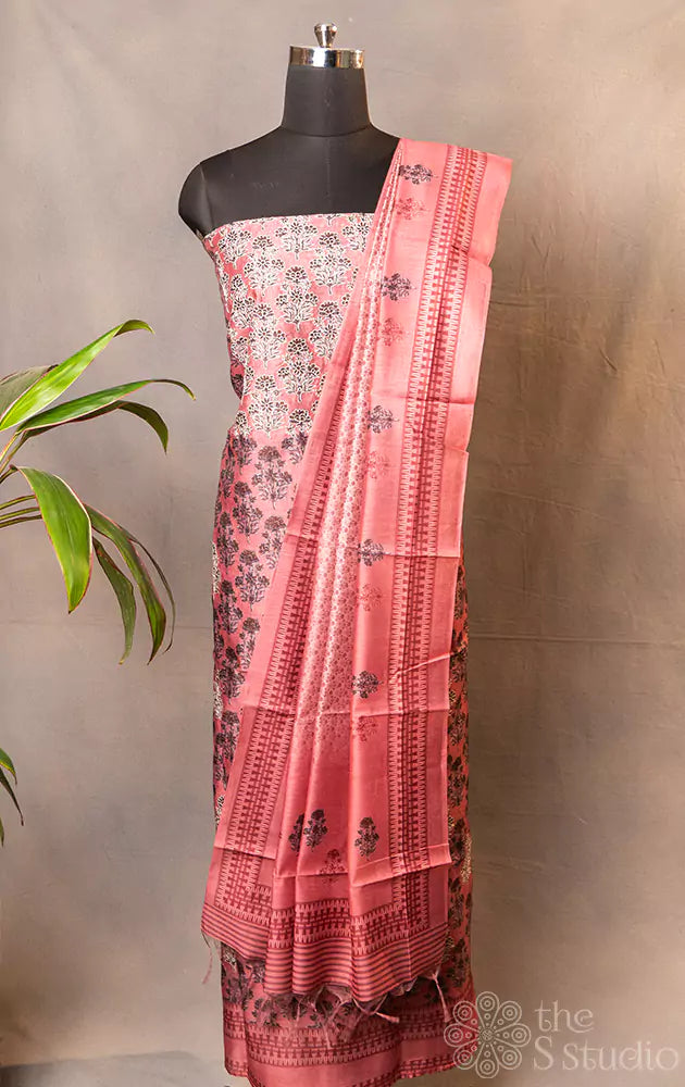 Pink floral embroidered semi tussar salwar set