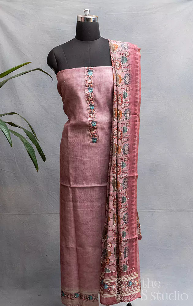 Onion pink chanderi cotton salwar suit with embroidered dupatta