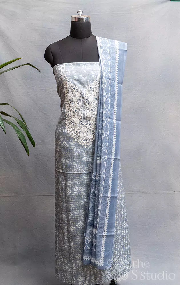 Greyish blue cotton salwar set with neck embroidery