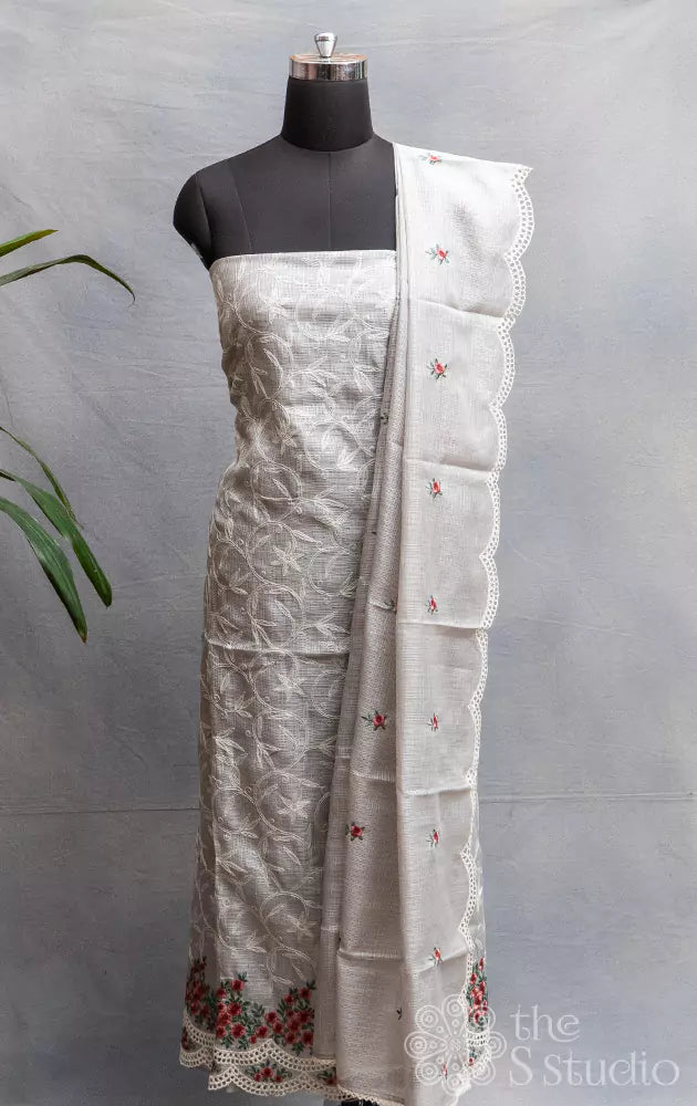 Grey kota cotton salwar suit with floral embroidery