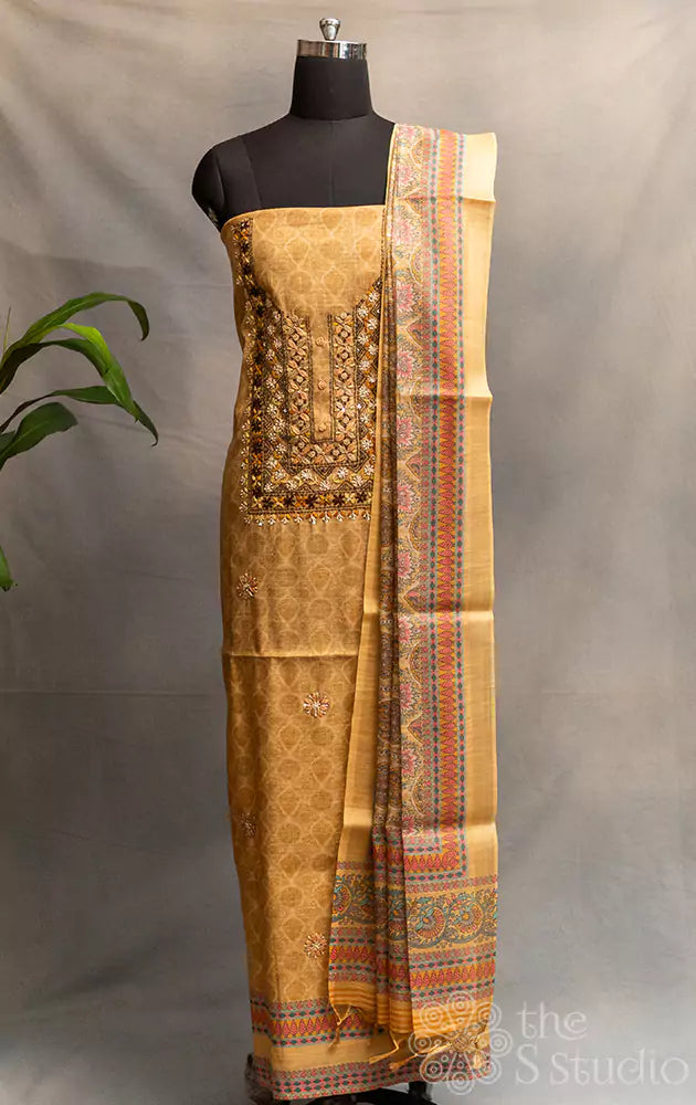 Mustard linen cotton salwar suit with neck embroidery