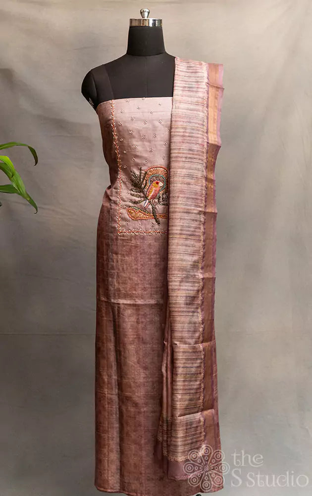 Onion pink tussar silk salwar set with matching dupatta