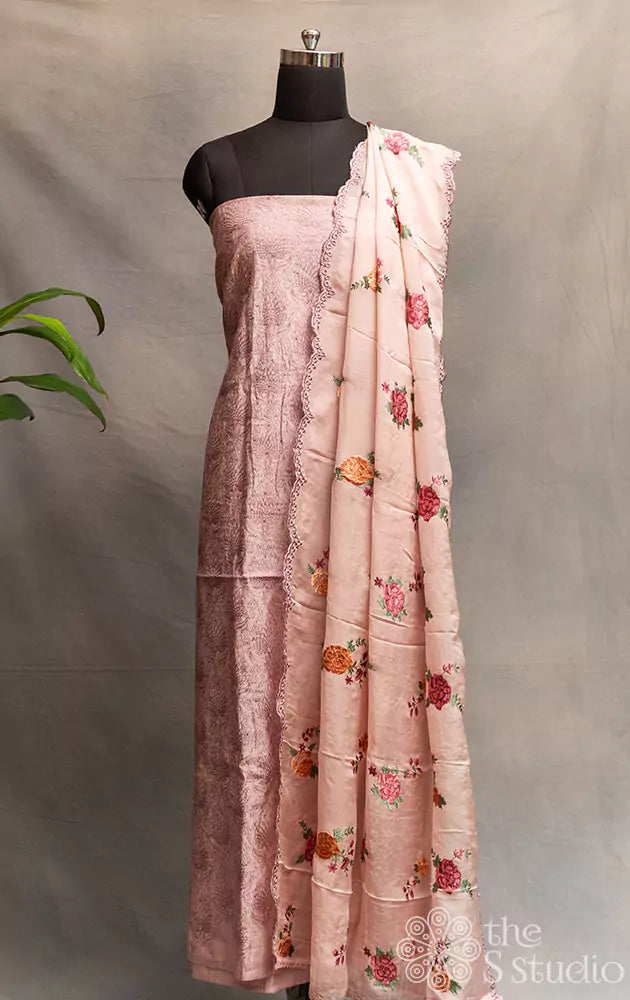 Onion pink chanderi silk salwar suit with organza dupatta