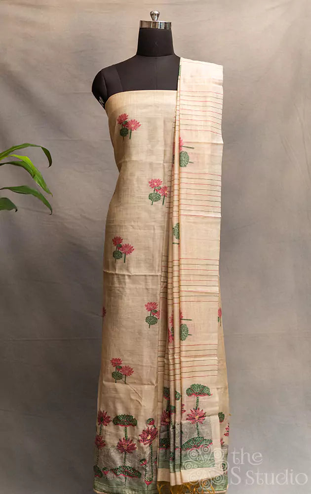 Off white linen salwar set with pink and green floral designs
