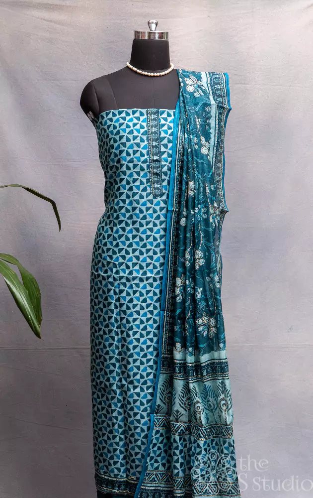 Teal blue chanderi cotton salwar set with kantha embroidery