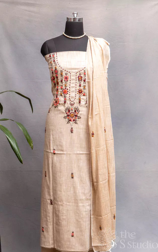 Beige linen cotton salwar set with jamdani Design