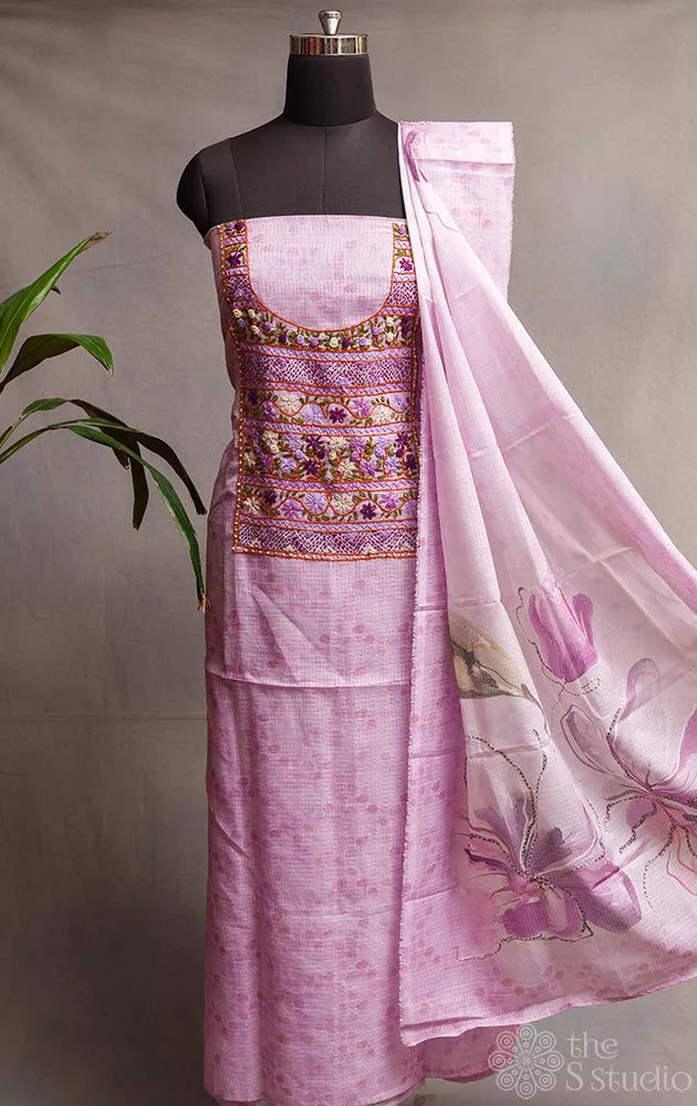 Lavender printed kota cotton salwar suit with neck pattern hand embroidery