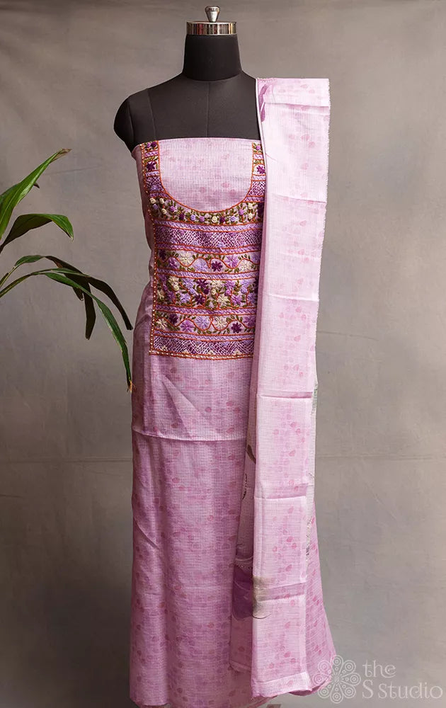 Lavender printed kota cotton salwar suit with neck pattern hand embroidery