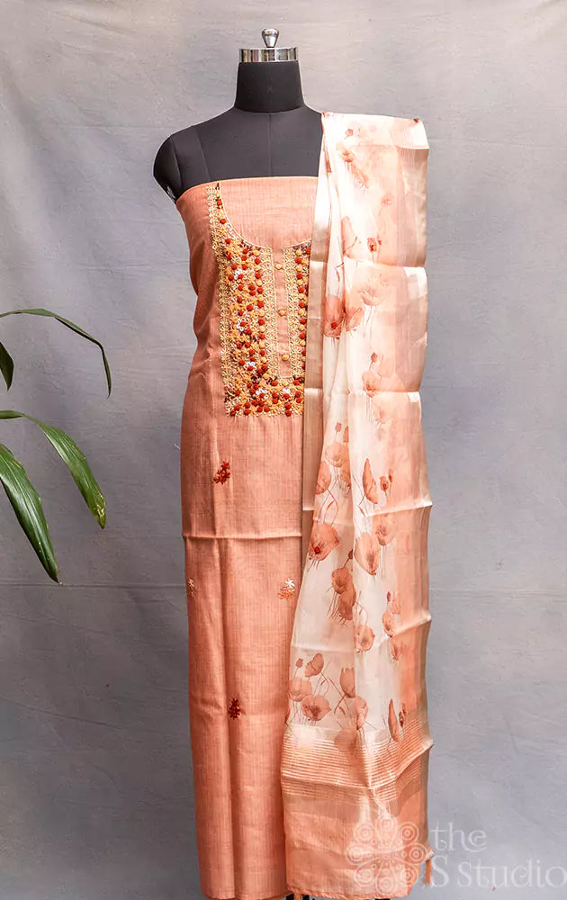 Peach cotton salwar set with floral embroidered dupatta