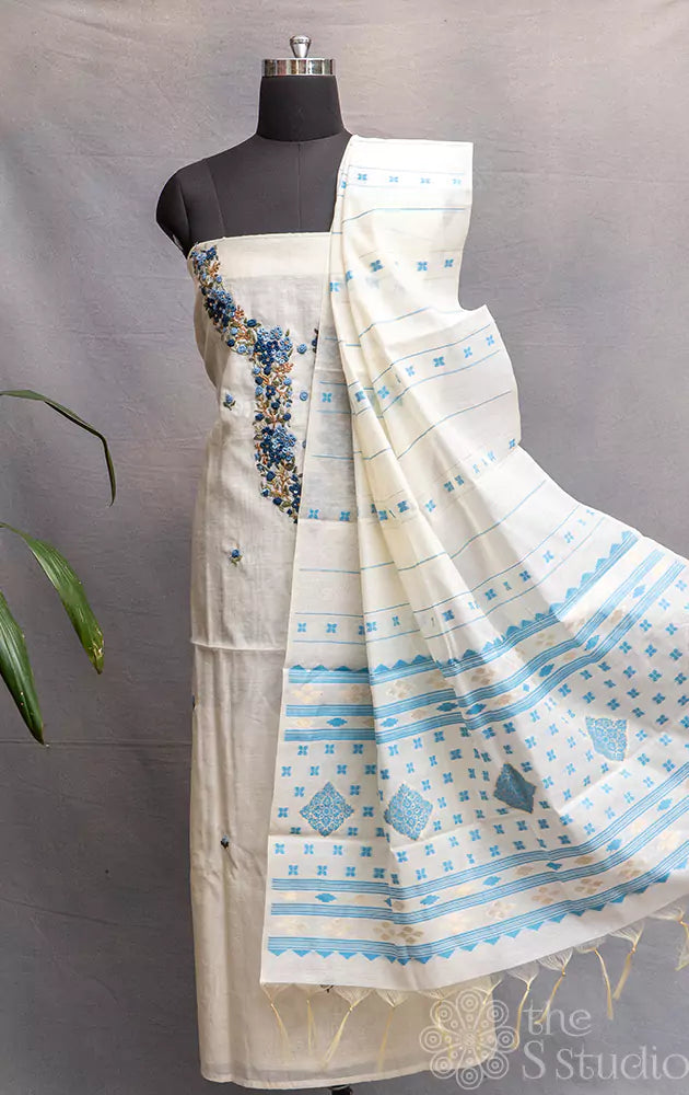 Off white with Blue cotton salwar set with floral embroidered top and dupatta with creative shot