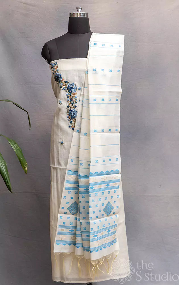 Off white with Blue cotton salwar set with floral embroidered top and dupatta