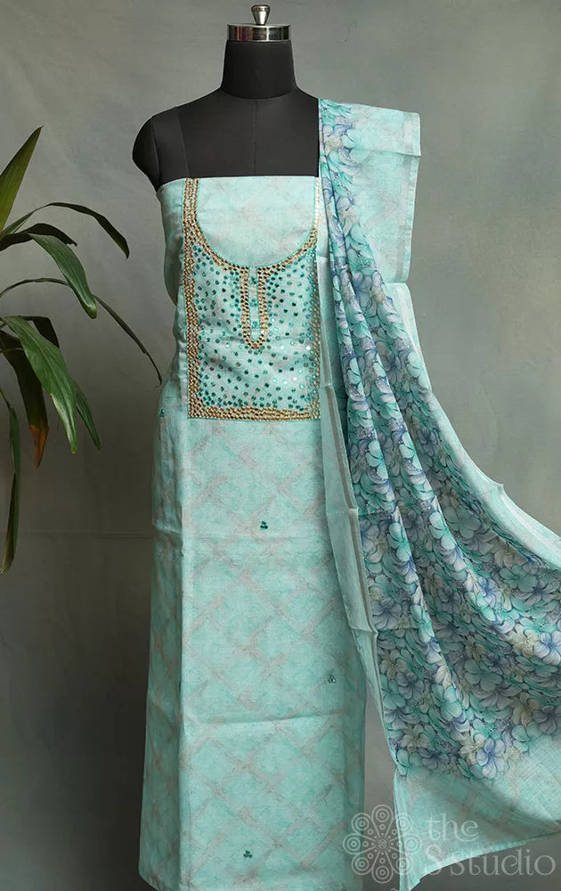 Light blue linen cotton salwar suit with mirror embroidery