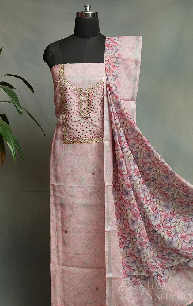 Pink linen cotton salwar suit with mirror embroidery and floral prints dupatta