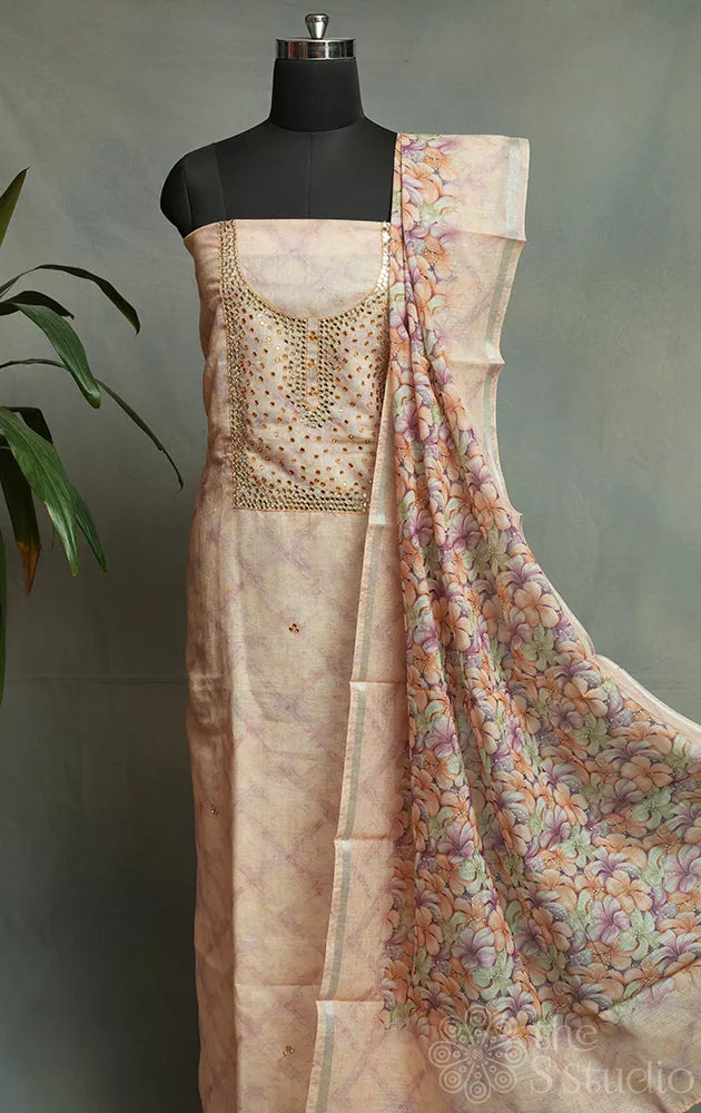 Peach linen cotton salwar set with floral prints dupatta & mirror dupatta
