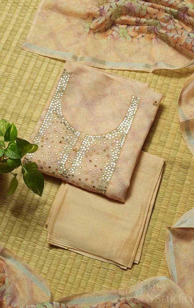 Peach linen cotton salwar set with floral prints dupatta & mirror dupatta