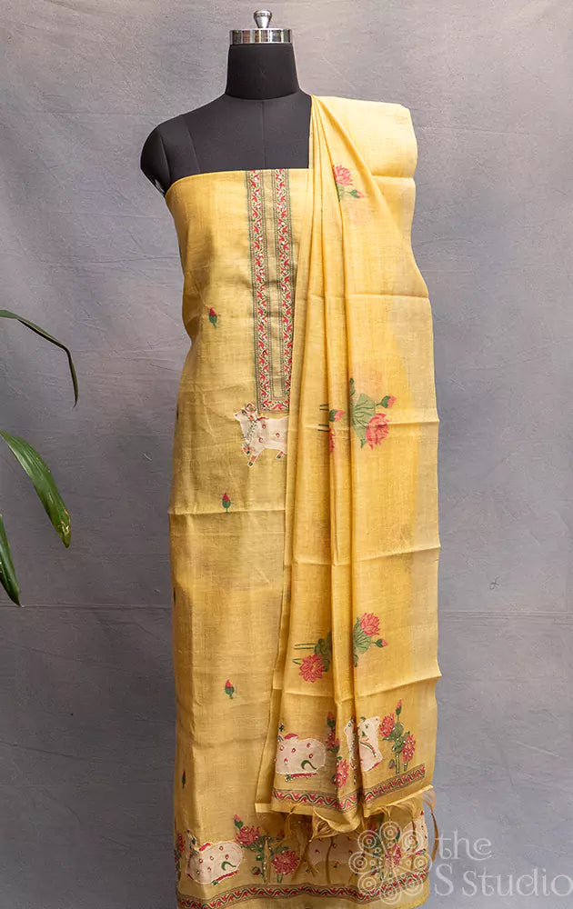 Mustard cotton salwar set with pichiwai design matching dupatta