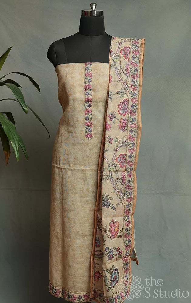 Beige linen cotton salwar set with kalamkari neck pattern