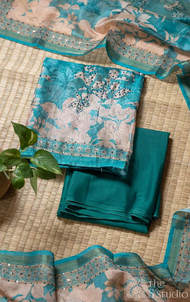 Teal green semi silk salwar set with embroidery