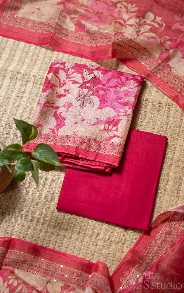 Dark pink semi silk salwar suit with floral prints and embroidery