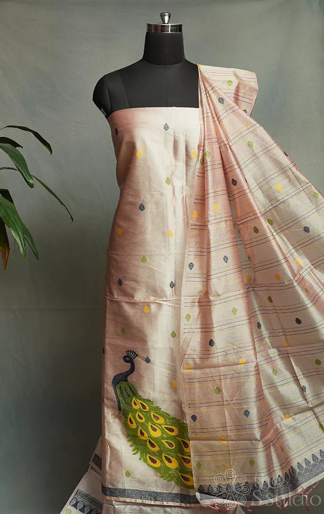 Peach semi silk salwar suit with peaocock motif