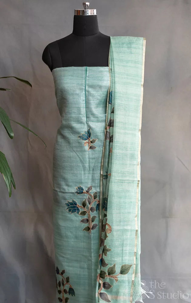 Light green tissue silk salwar suit with applique embroidery