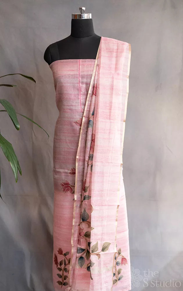 Light pink tissue silk salwar suit with applique embroidery