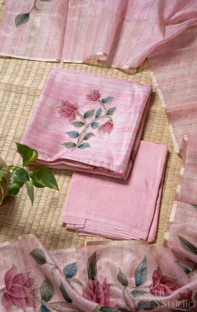 Light pink tissue silk salwar suit with applique embroidery