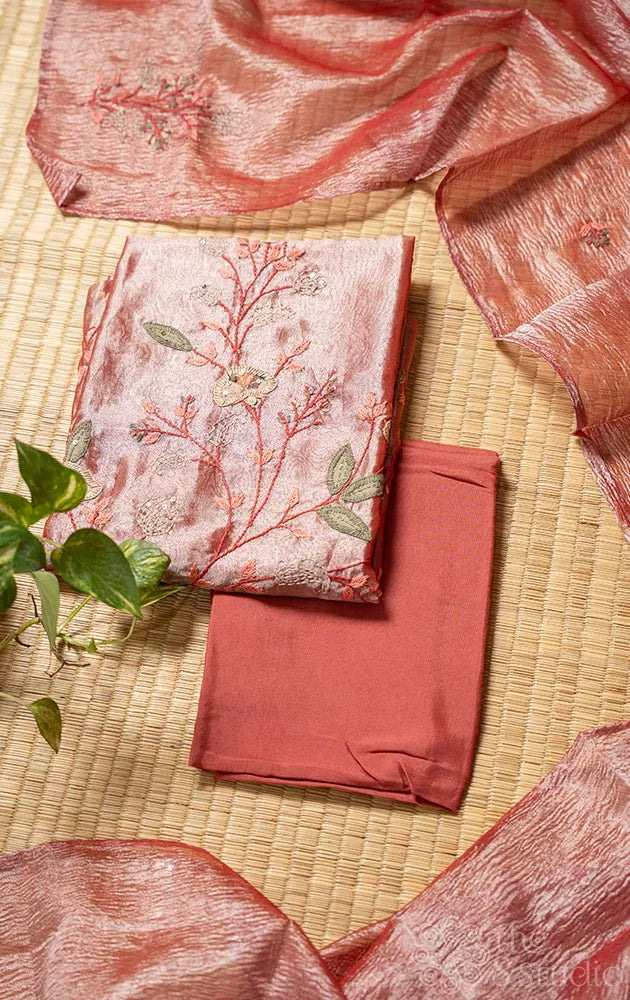 Peach tissue silk salwar set with embroidery