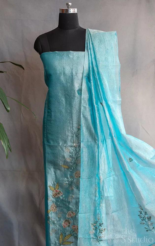 Blue tissue salwar suit saree with floral embroidery