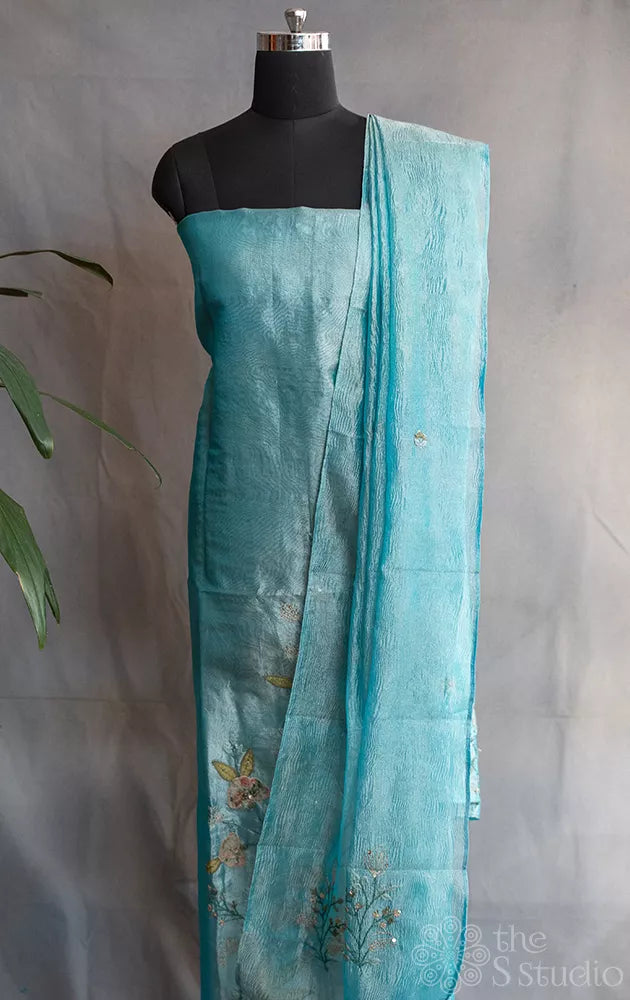 Blue tissue salwar suit with floral embroidery